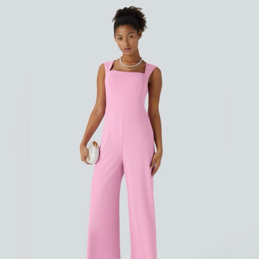Halara Pink Square Neck Wide Leg Elegant Jumpsuit Women’s M NWT - Picture 6 of 8